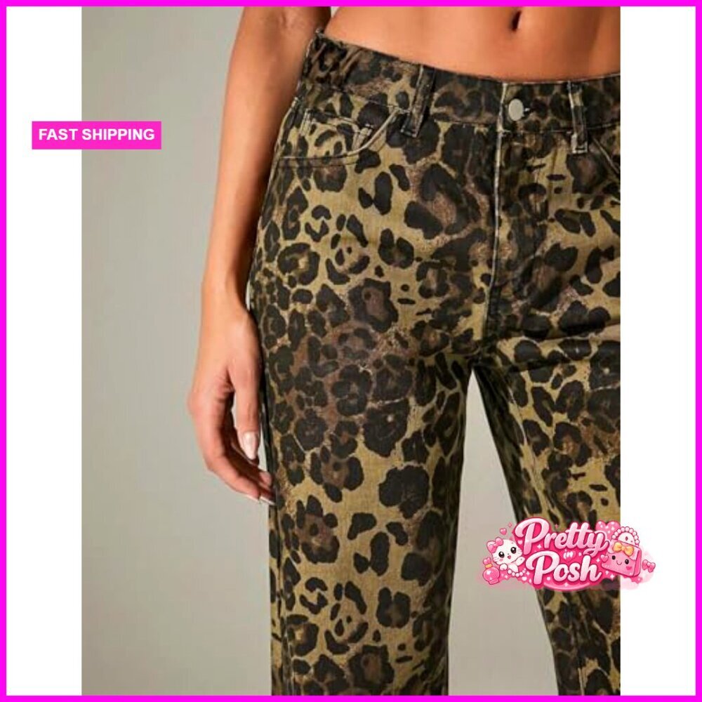 Leopard Print Wide Leg Denim Pants Mid Rise Boyfriend Fit - Picture 6 of 7